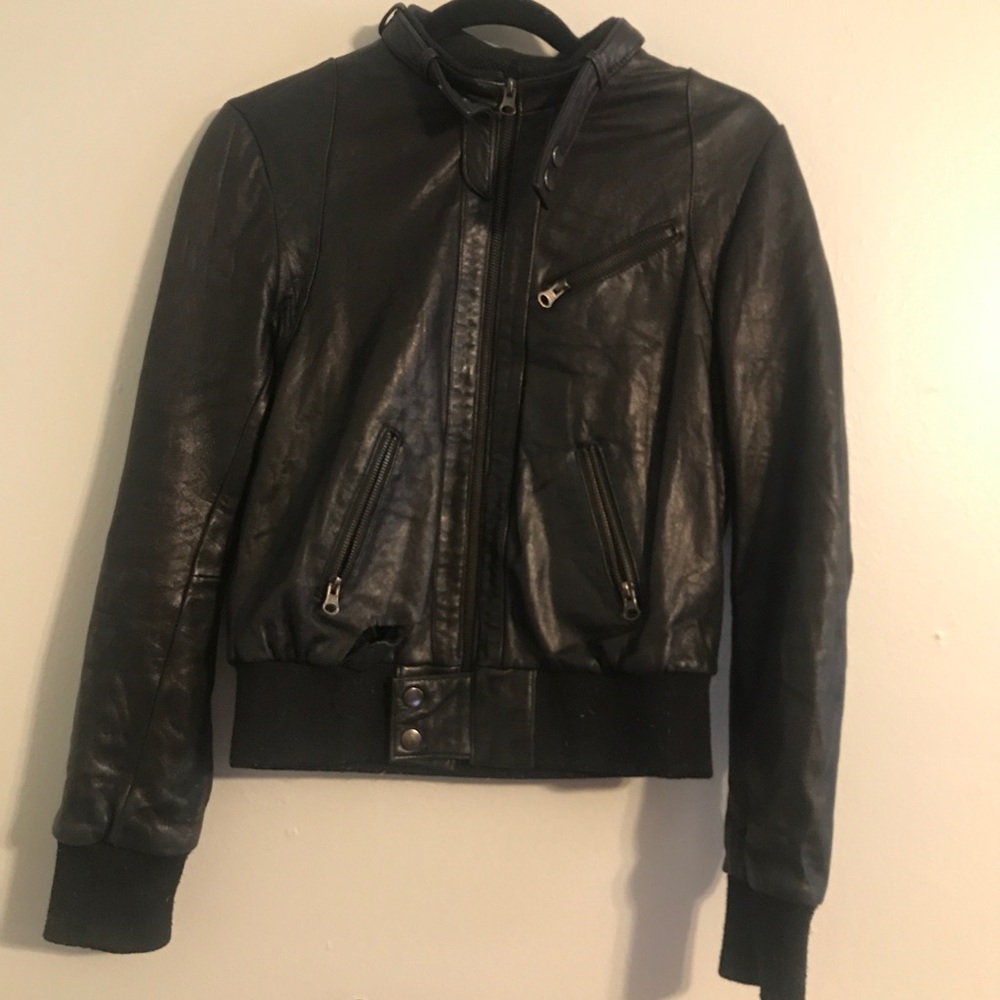 Black Leather Moto Jacket with Zippers and Snaps - Picture 2 of 7
